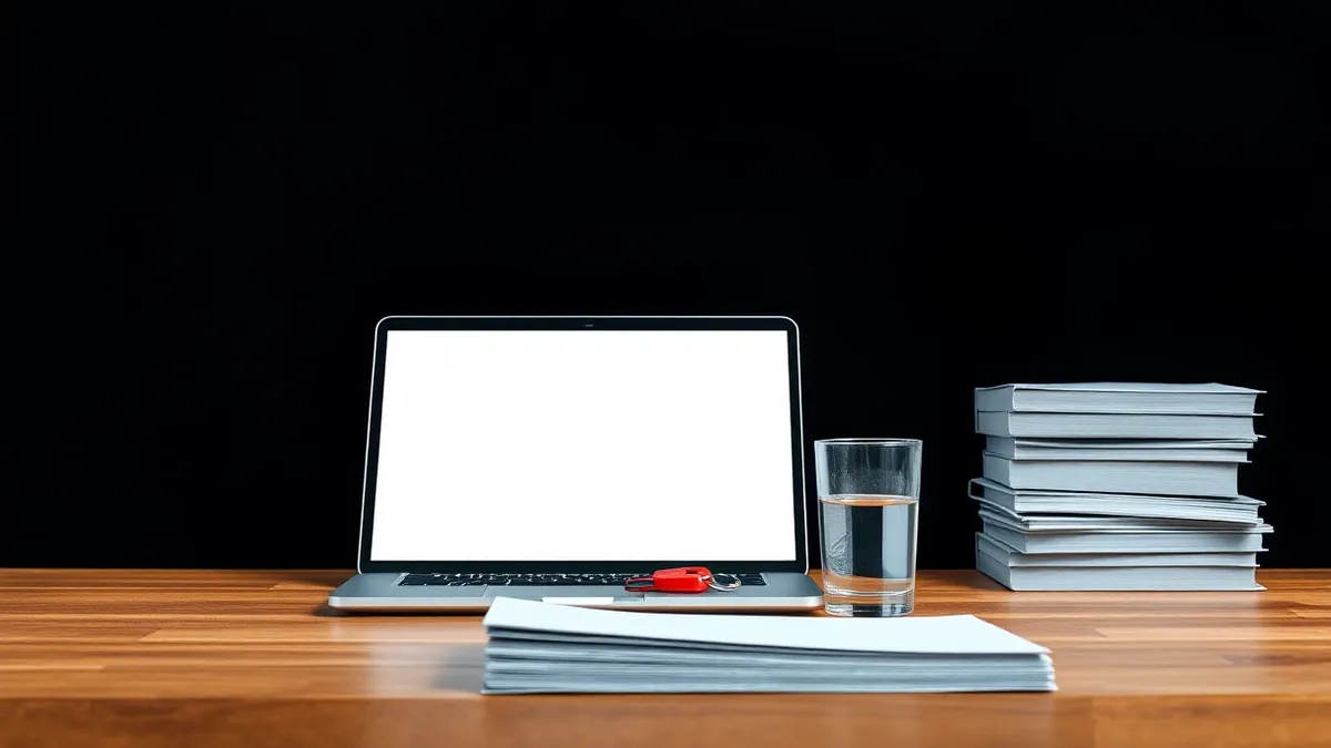 Illustration: An empty desk holds a blank laptop and a single red key.
