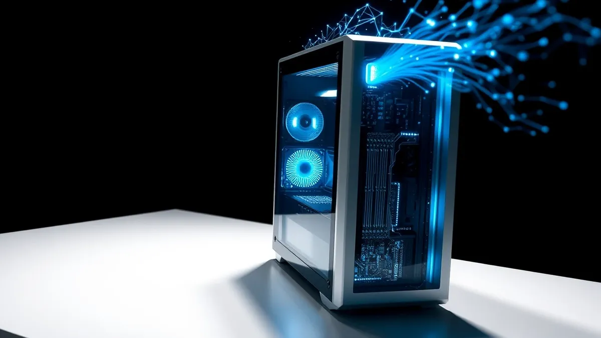Illustration: A sleek silver computer tower sits on a clean white desk, its side panel removed to reveal intricate circuit boards and glowing blue data streams flowing outward like