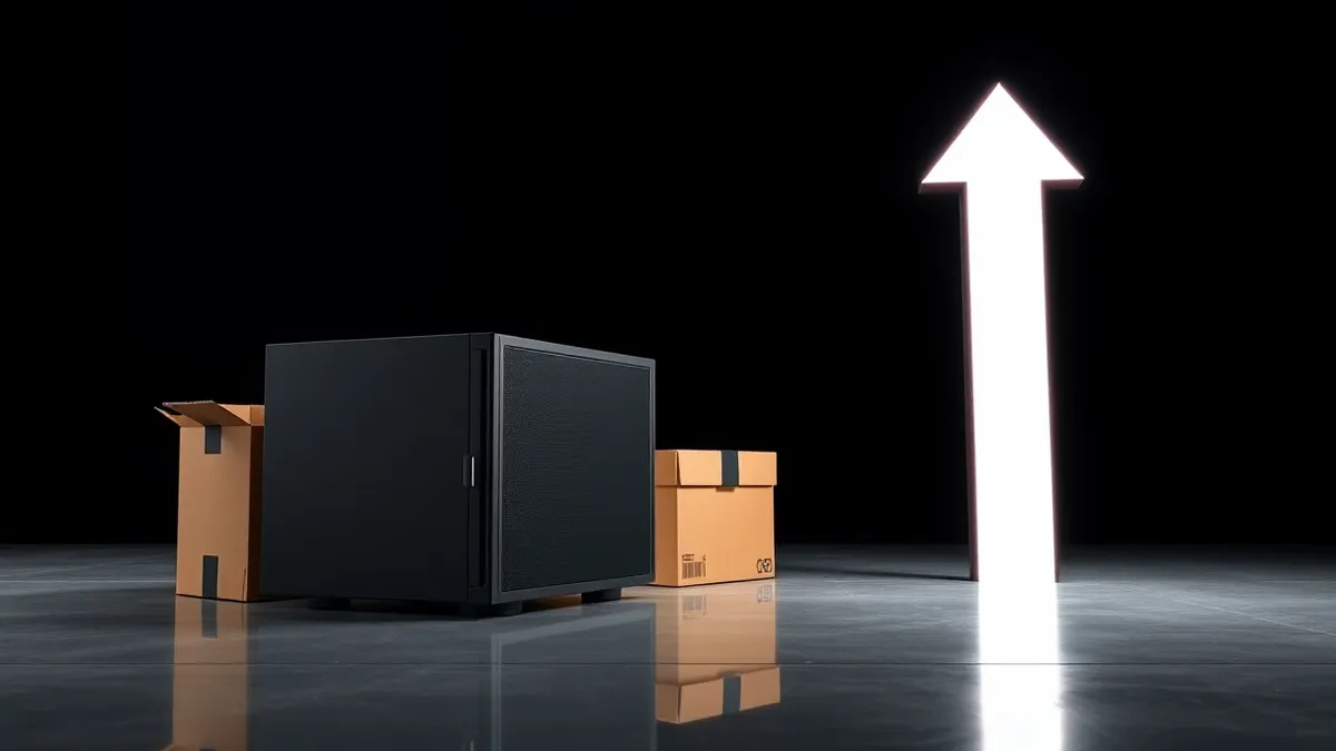 Illustration: A sleek, blank black server chassis sits on a polished factory floor next to a generic cardboard shipping box.