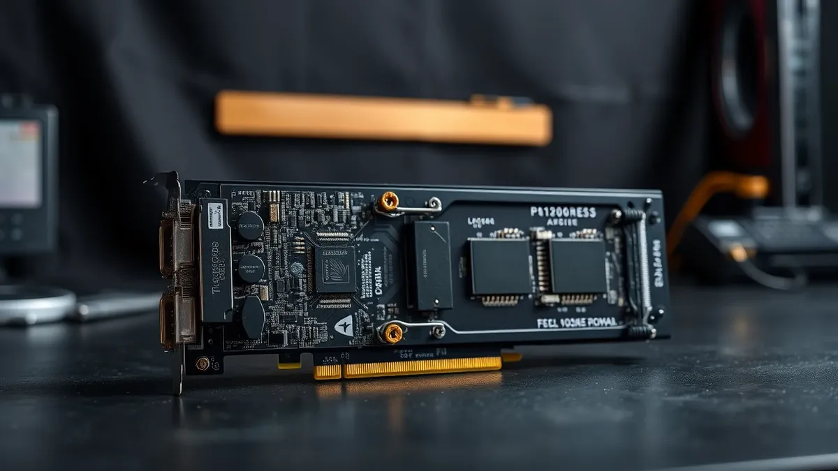 Illustration: A large black accelerator card sits on a workbench, its dense circuitry and massive memory chips clearly visible.