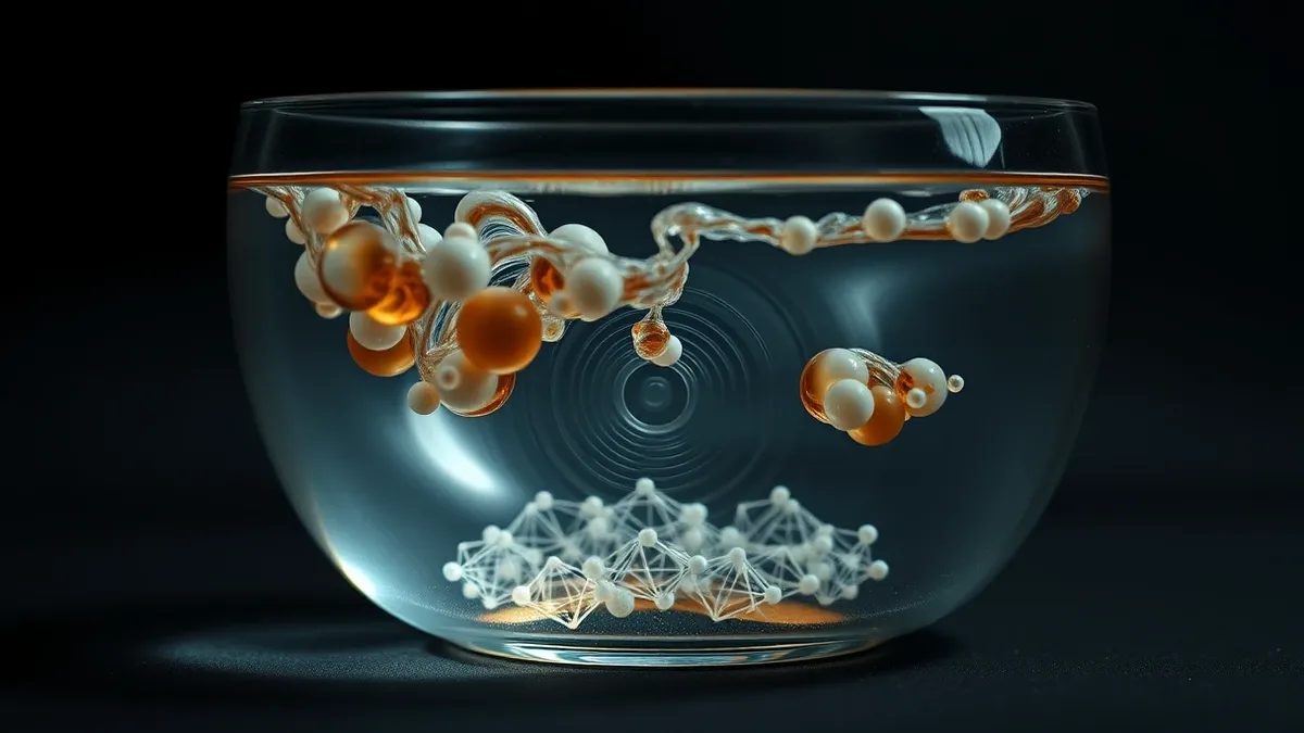 Illustration: A translucent glass bowl holds swirling liquid layers that shift from chaotic blobs into distinct geometric shapes.
