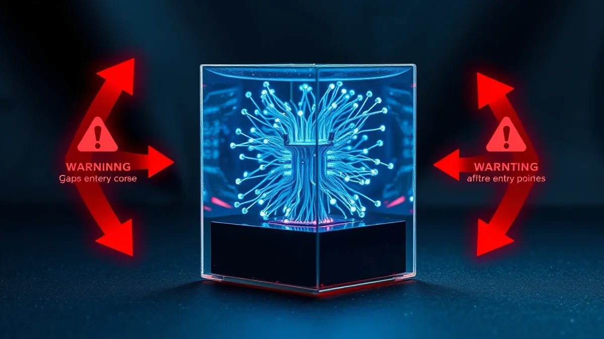 Illustration: A transparent glass cube encases a complex network of glowing blue neural nodes.