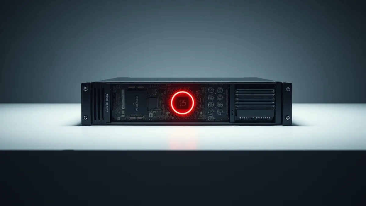 Illustration: A sleek black server blade sits open on a sterile white table, its internal circuitry exposed to bright overhead light.