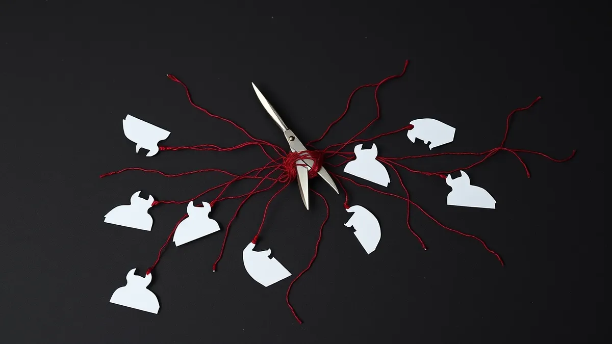 Illustration: A tangled web of thin red threads connects scattered blank paper profiles into a central knot.