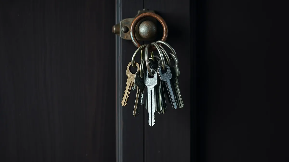 Illustration: A tangled mess of physical keys hangs loosely from a single rusted ring on a plain wooden door.