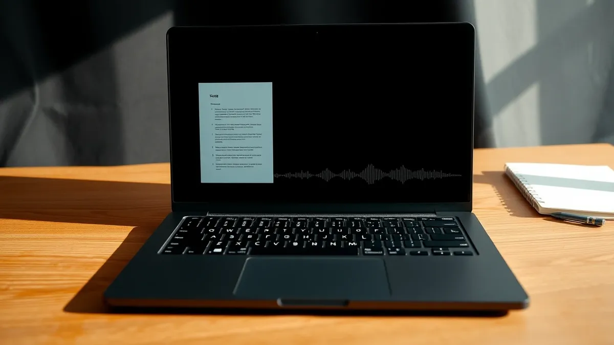 Illustration: A sleek black laptop sits on a clean wooden desk, its screen displaying a blank document interface with abstract waveform graphics representing voice transcription.