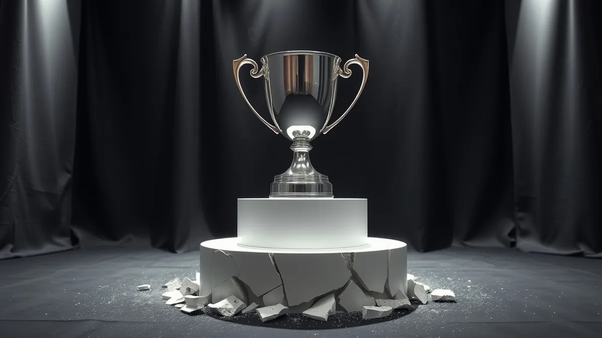 Illustration: A polished silver trophy sits on a pristine white pedestal under bright spotlights.