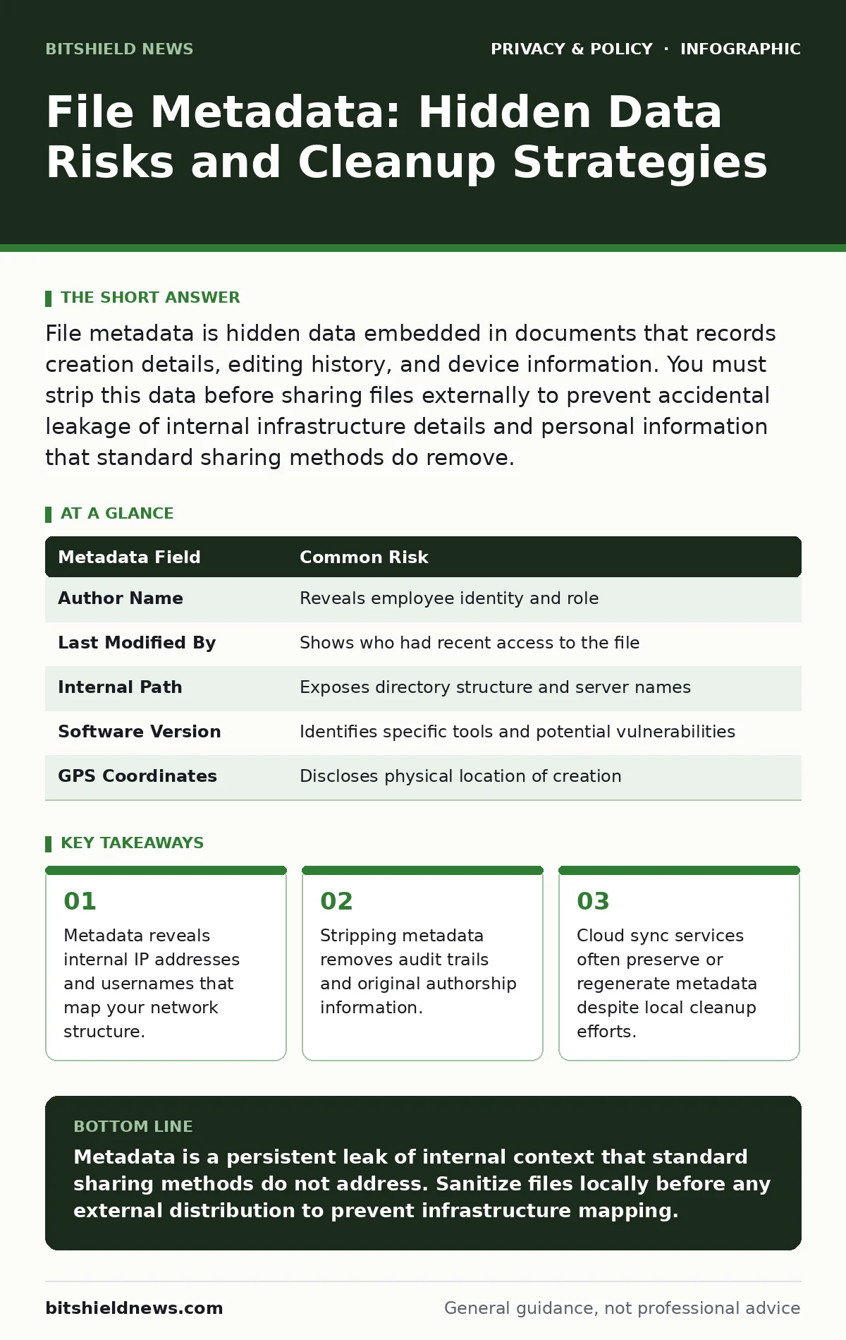 Infographic: File Metadata: Hidden Data Risks and Cleanup Strategies. Metadata reveals internal IP addresses and usernames that map your network structure. Stripping metadata removes audit trails and original authorship information. Cloud sync services often preserve or regenerate metadata despite l
