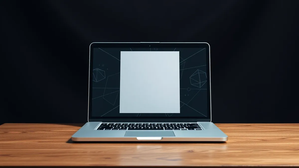 Illustration: A sleek silver laptop sits open on a wooden desk, its screen displaying a single blank document surrounded by floating translucent ghost layers that reveal abstract g