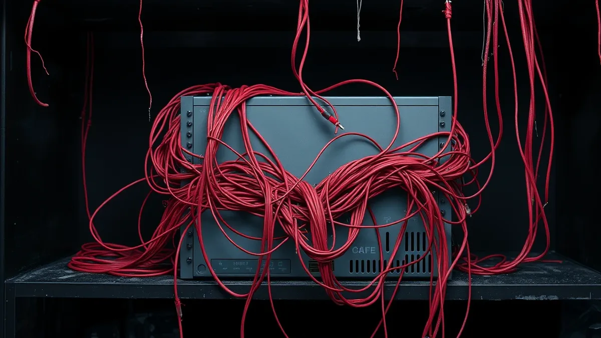 Illustration: A tangled mess of chaotic red wires spills from the back of a gray network appliance, obscuring its front panel.