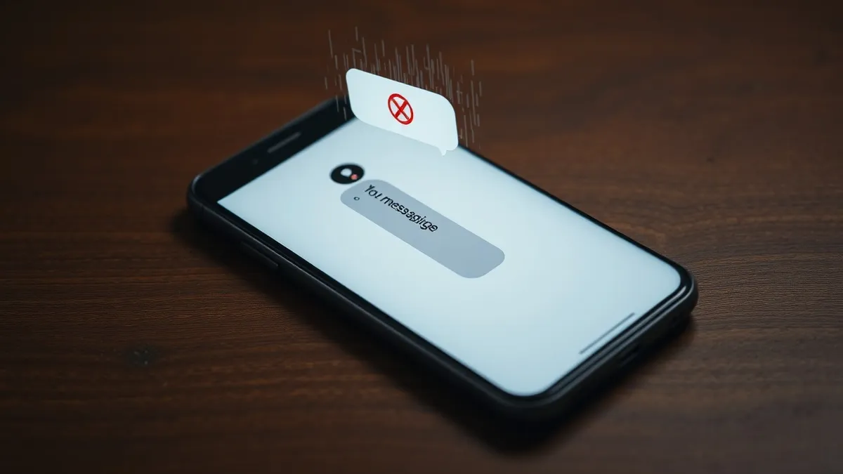 Illustration: A sleek smartphone rests on a wooden surface, its screen displaying a blank messaging interface with a single grey bubble marked by a red prohibition symbol.