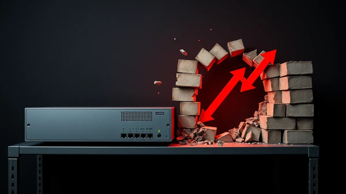 Illustration: A gray network appliance sits on a metal shelf with blank front panels.