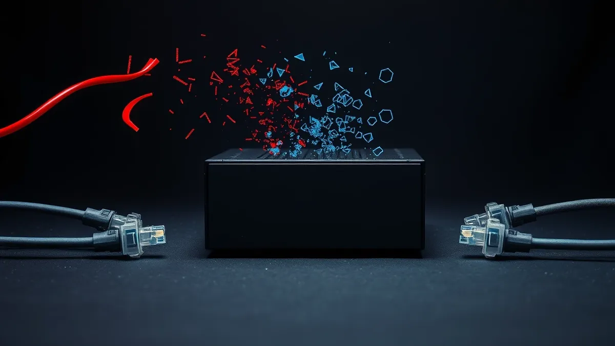 Illustration: A sleek black network appliance sits directly between two thick fiber optic cables.