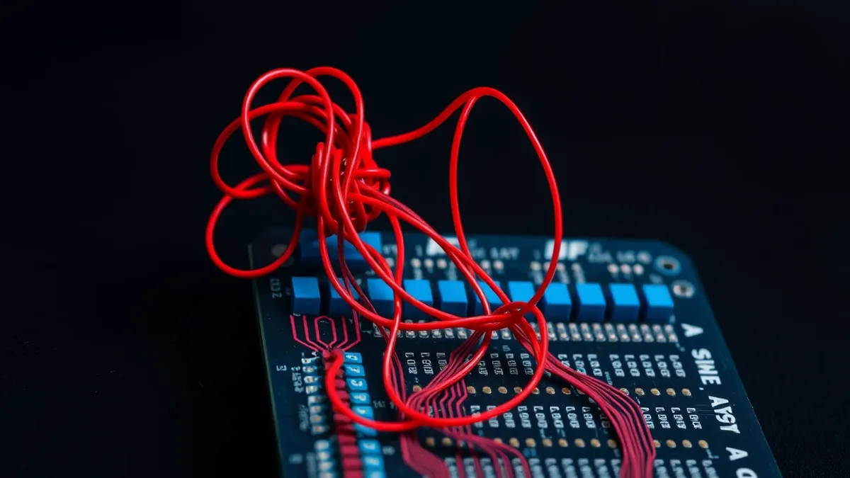 Illustration: A tangled knot of red wires spills over the edge of a neat circuit board.