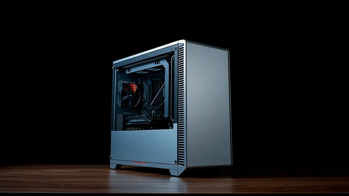 Illustration: A silver desktop computer sits on a wooden desk with its side panel removed, exposing the internal motherboard and cooling fan.