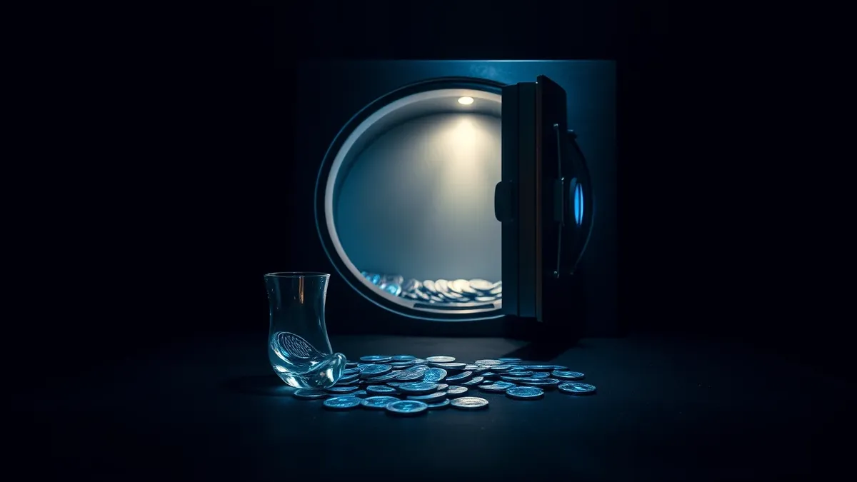 Illustration: A sleek metallic vault door stands ajar in a dim room, revealing glowing blue digital coins spilling onto the floor.