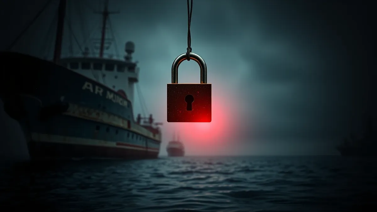 Illustration: A weathered cargo ship sits idle in a misty harbor, its hull marked by rust and salt spray.