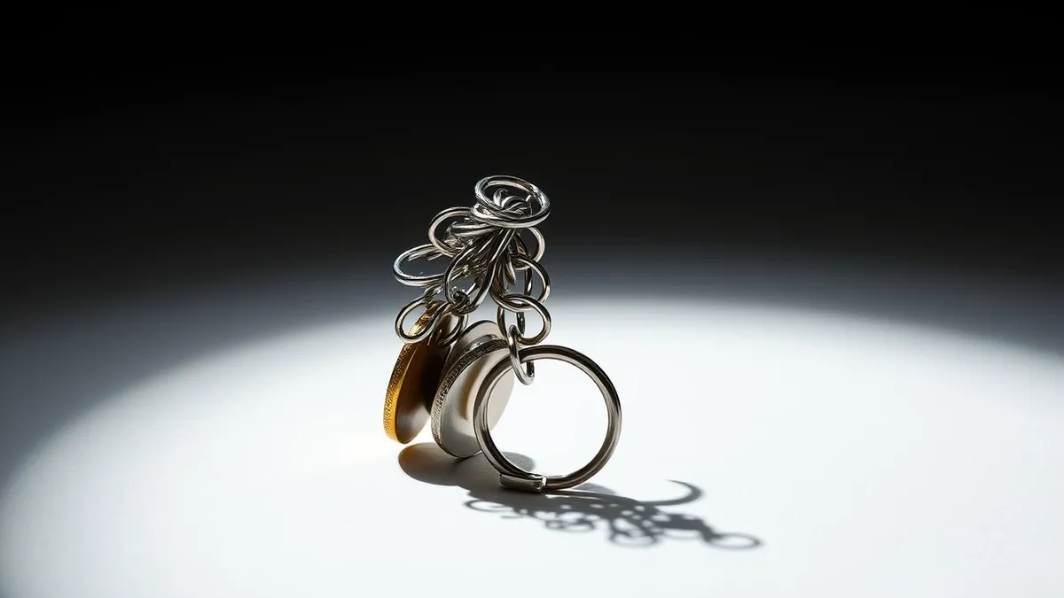 Illustration: A tangled chain of generic metal tokens hangs loosely from a small silver keyring.