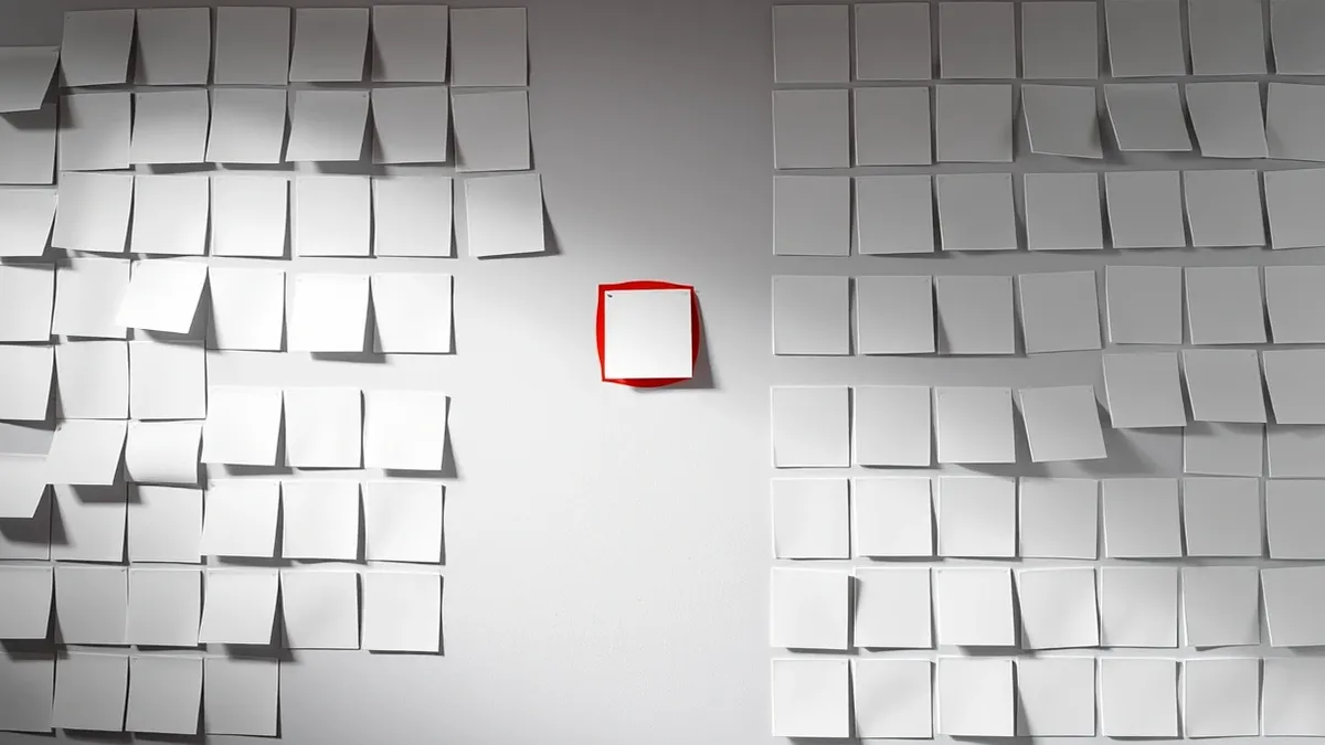Illustration: A large whiteboard displays a chaotic grid of blank sticky notes.
