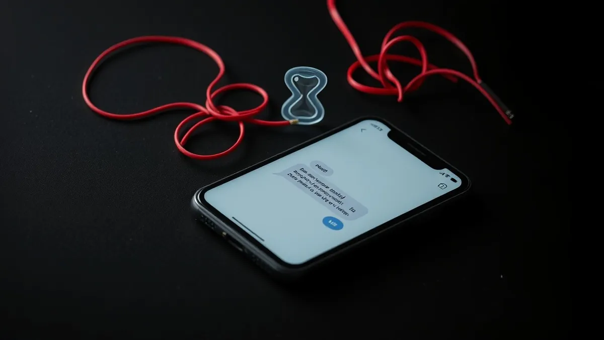 Illustration: A smartphone rests on a dark desk, displaying a chat interface with abstract message bubbles.