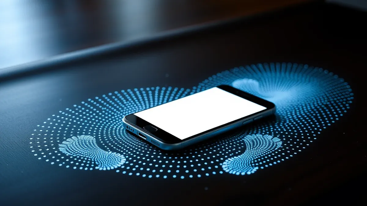 Illustration: A sleek smartphone rests on a wooden table, emitting subtle geometric waves that form a visible trail of location dots across the floor.