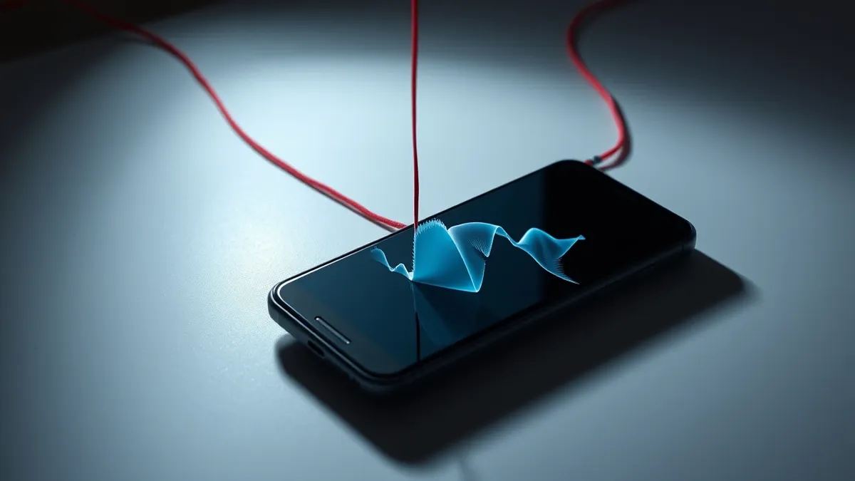 Illustration: A smartphone rests on a sleek white desk, its screen displaying an abstract waveform that twists into a jagged, distorted shape.
