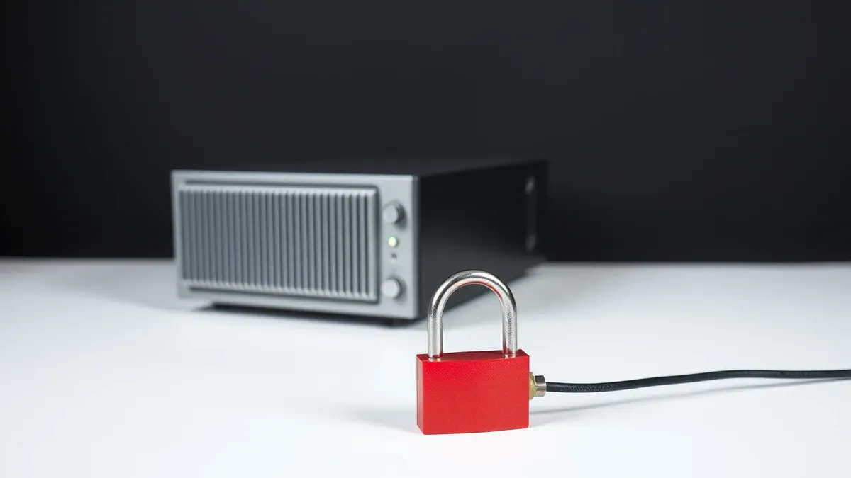Illustration: A sleek silver database server sits isolated on a stark white desk with its small network port physically unplugged.
