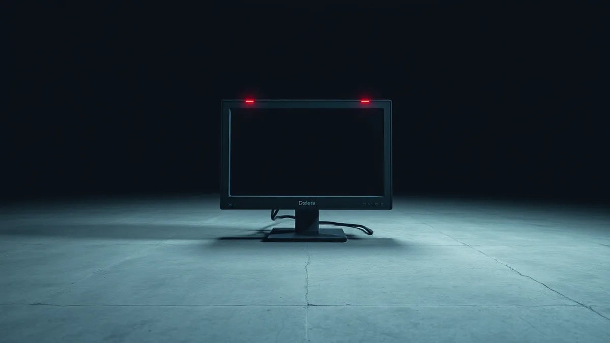 Illustration: A solitary, dusty computer terminal sits isolated on a bare concrete floor within a dark, empty room.