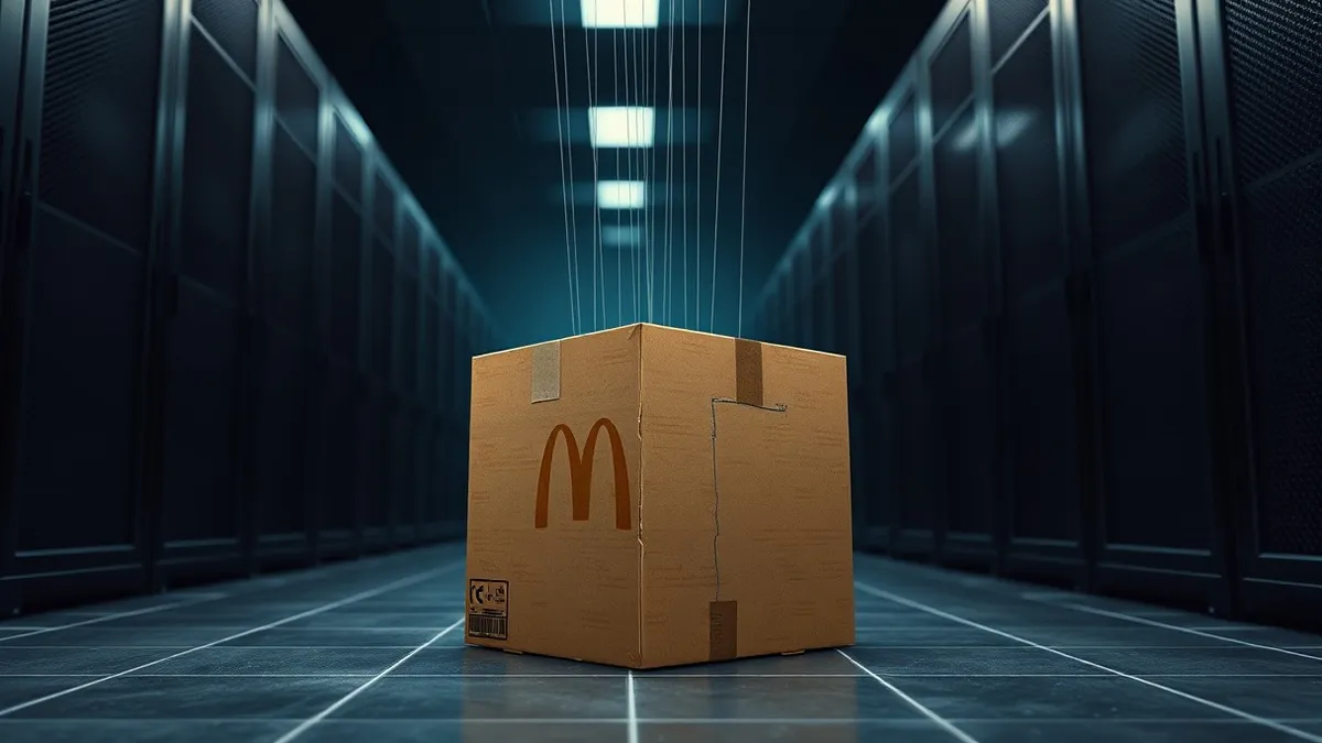 Illustration: A towering cardboard box with golden arches sits on a cold tile floor.