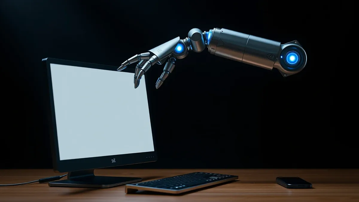 Illustration: A sleek metallic robot arm reaches toward a blank computer terminal, its joints glowing with soft blue light.