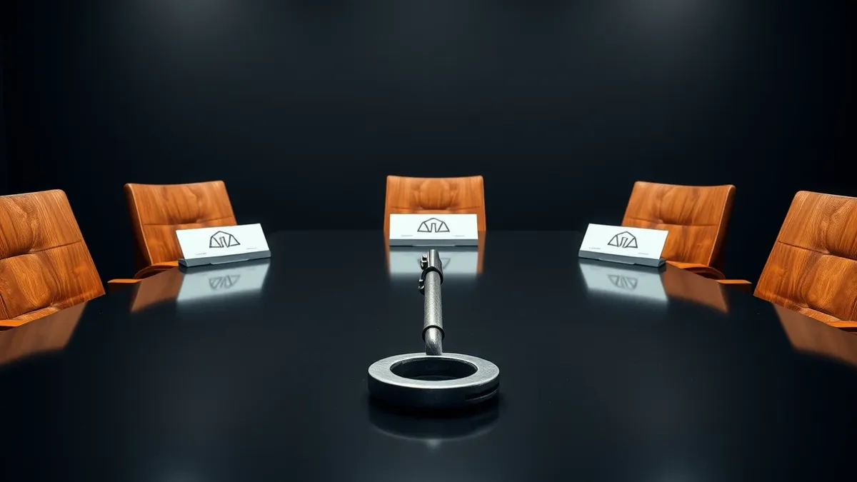 Illustration: Five empty wooden chairs sit in a row around a sleek conference table, each bearing a nameplate with abstract geometric shapes instead of letters.