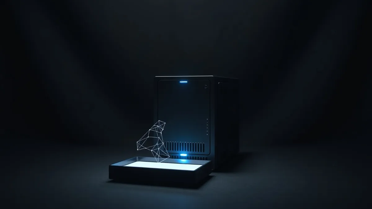 Illustration: A sleek black server node sits in a dark room, emitting a single rapid blue pulse of light.