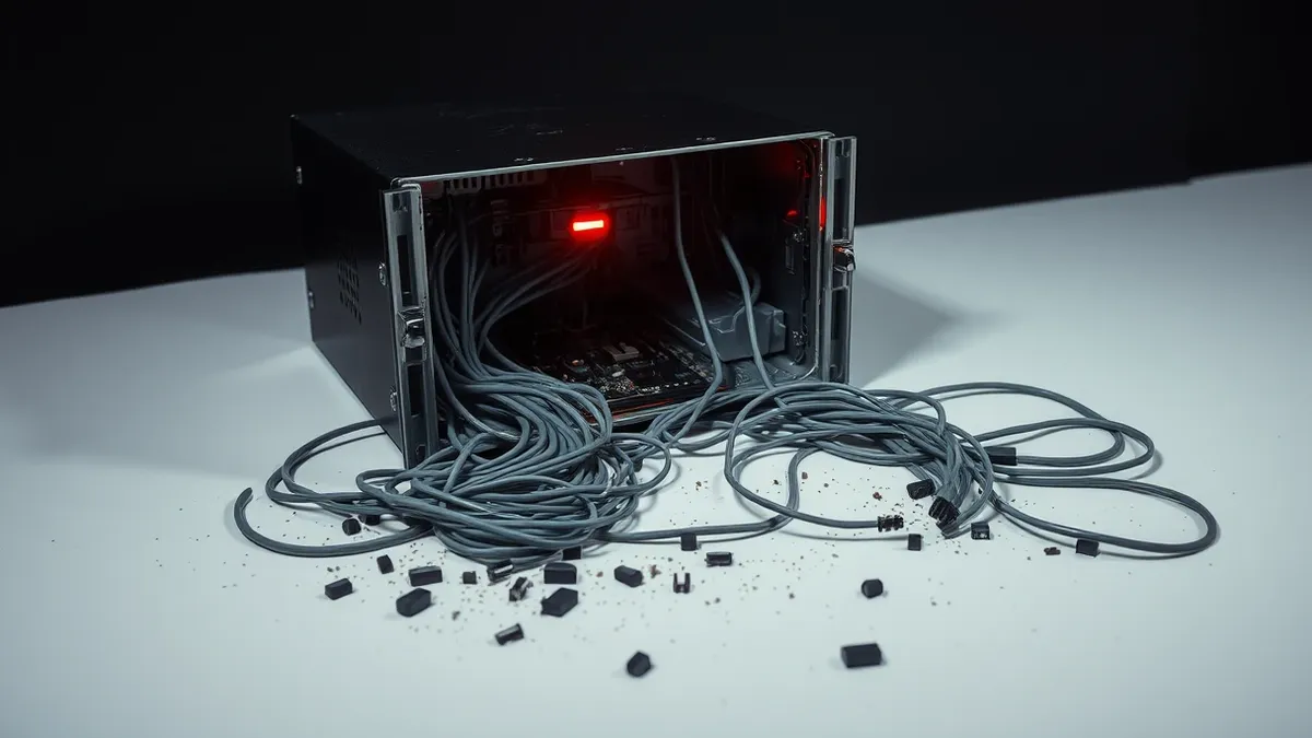 Illustration: A cracked open server box spills tangled gray wires onto a clean white desk.