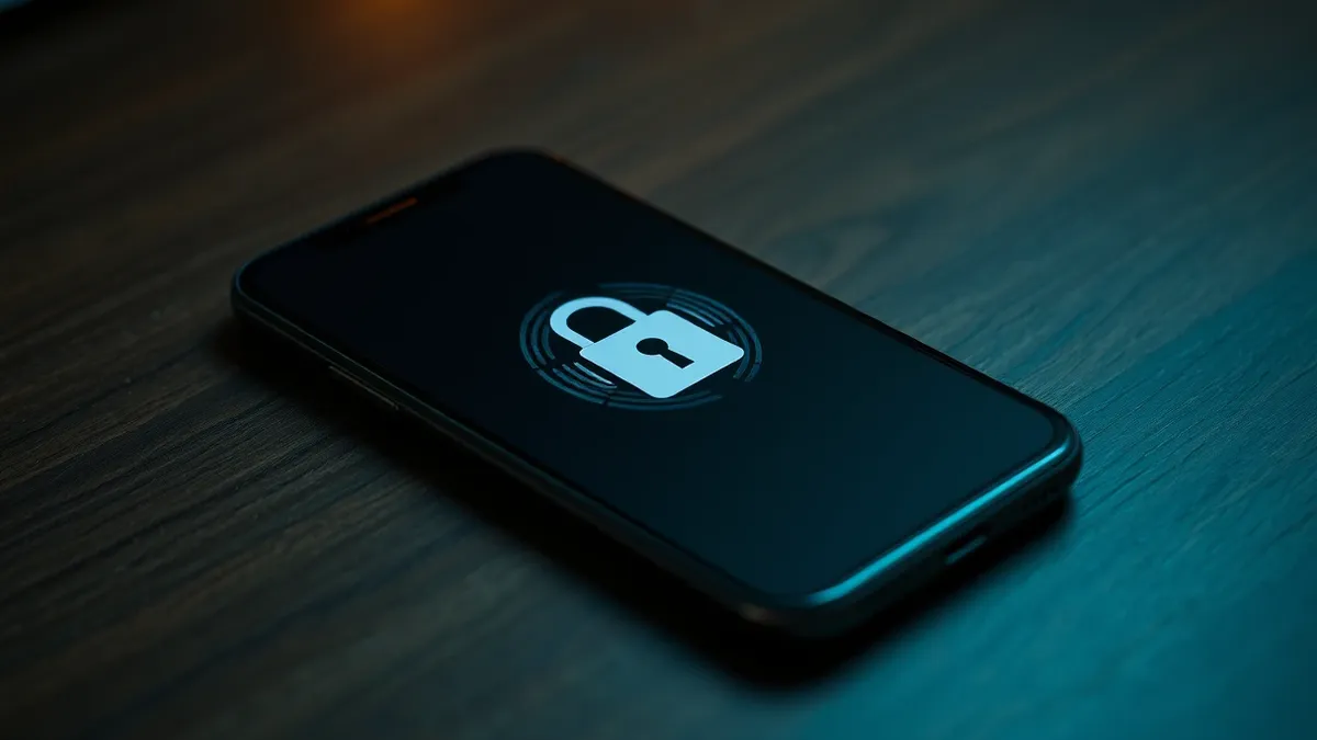 Illustration: A sleek smartphone rests on a wooden desk, its screen displaying a clean, abstract chat interface obscured by a digital lock icon and swirling biometric waveforms.