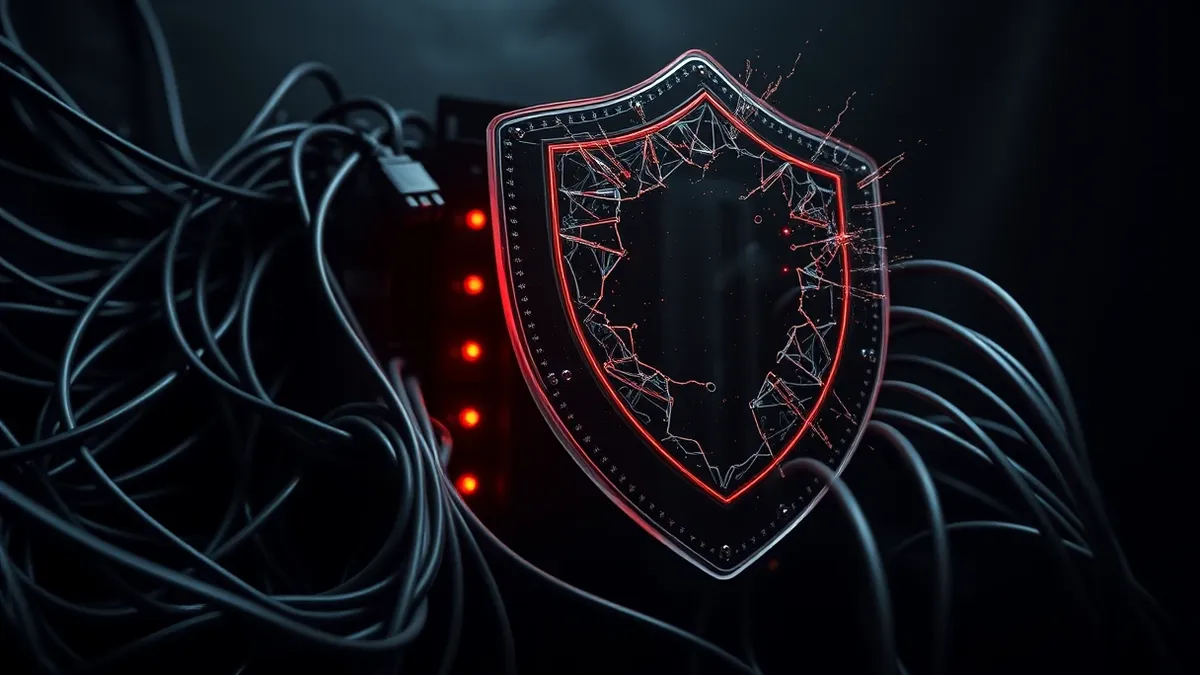 Illustration: A tangled mass of optical cables snakes around a single server blade, with faint red warning lights pulsing against the dark metal casing.