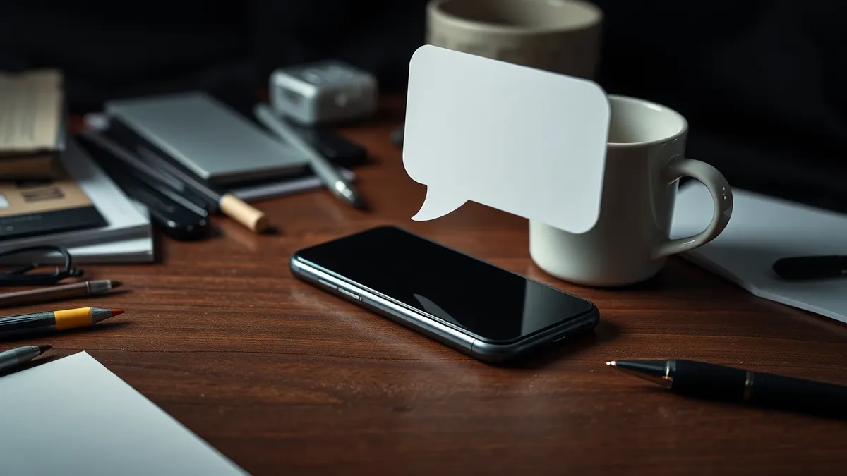 Illustration: A smartphone rests on a cluttered desk next to a paused coffee cup.