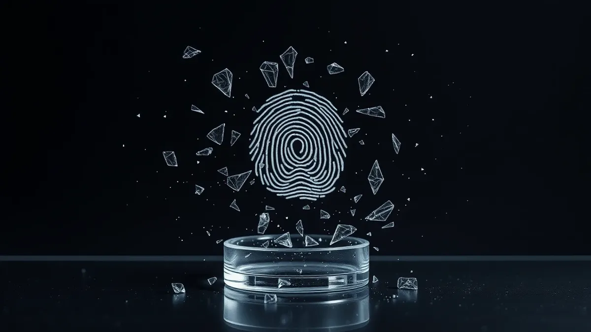 Illustration: A digital fingerprint scan hovers above a glass surface, shattering into irreplaceable geometric shards.