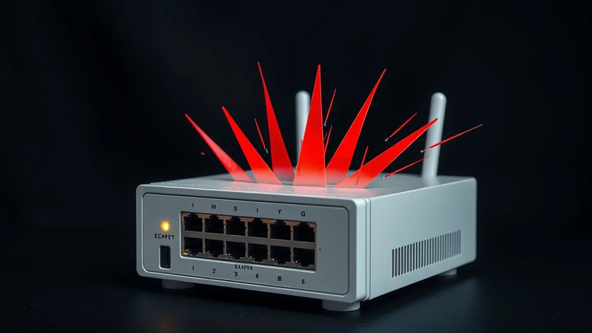 Illustration: A white networking router sits on a dark desk, its front panel showing blank status lights.
