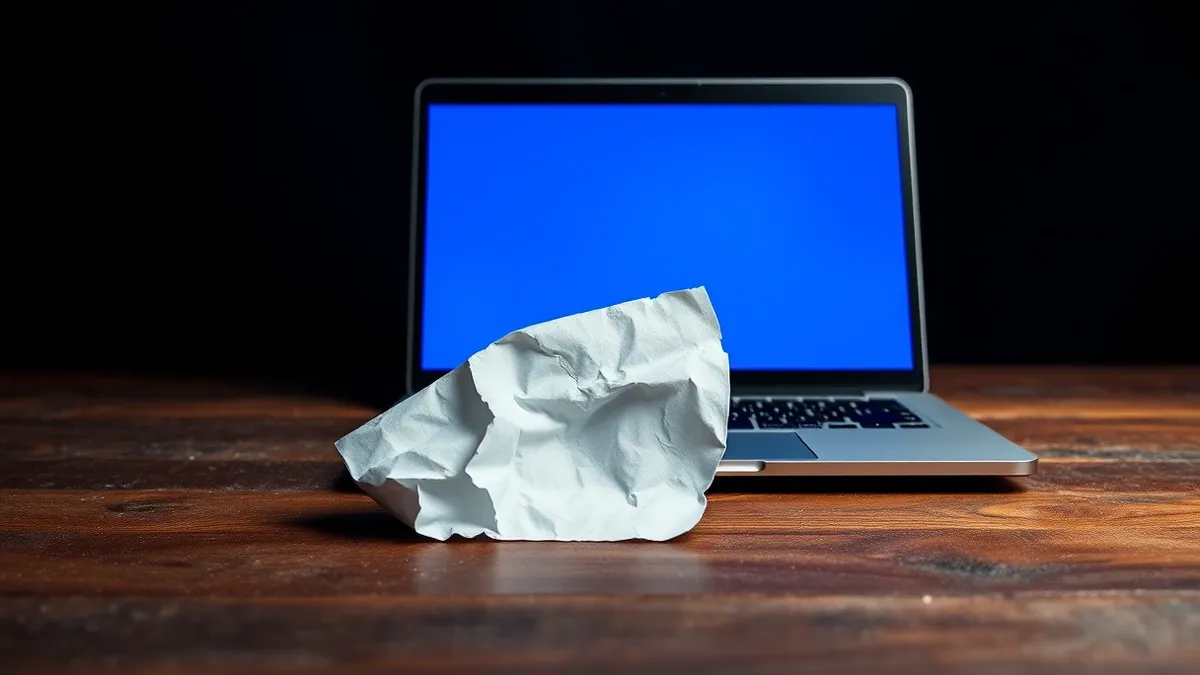 Illustration: A solitary crumpled white paper file rests on a dusty wooden desk next to an open laptop displaying a blank, featureless blue screen.