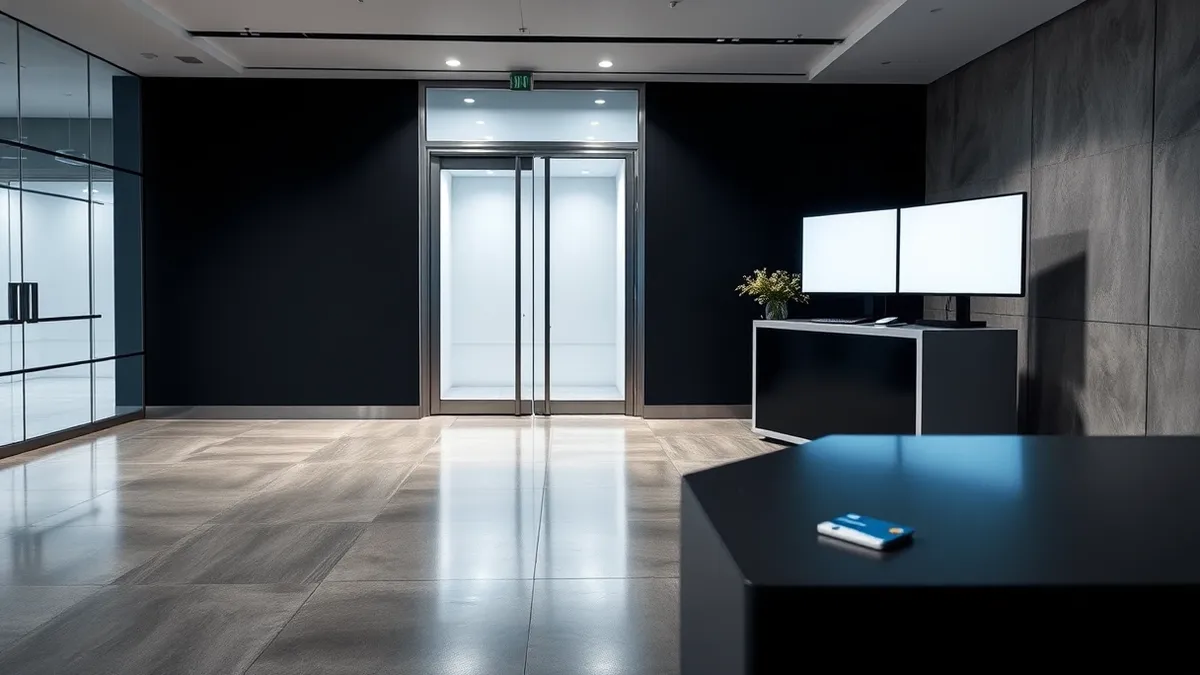 Illustration: A sleek glass entrance door stands slightly ajar in a modern office lobby, revealing an empty corridor with polished concrete floors.