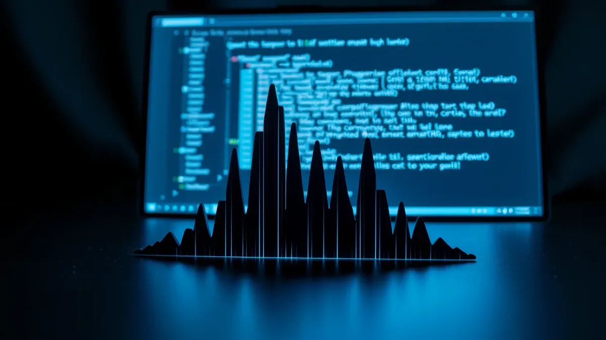 Illustration: A sleek black audio waveform sits on a desk, its peaks transforming into jagged digital shards.