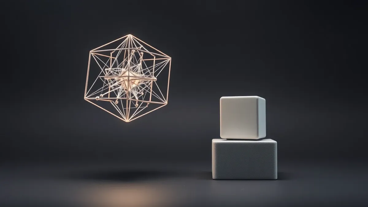 Illustration: Two stylized geometric blocks float against a neutral background.