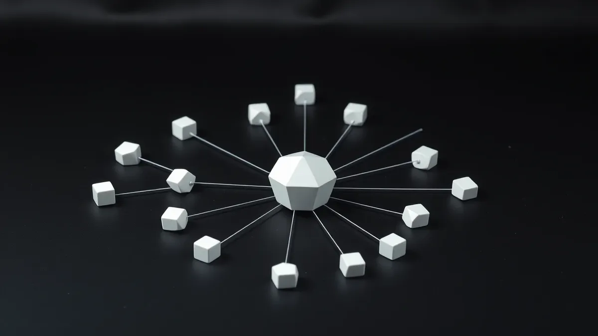 Illustration: A single white geometric node sits at the center of a clean desk, connected by thin translucent threads to fourteen distinct specialized shapes arranged in a circular