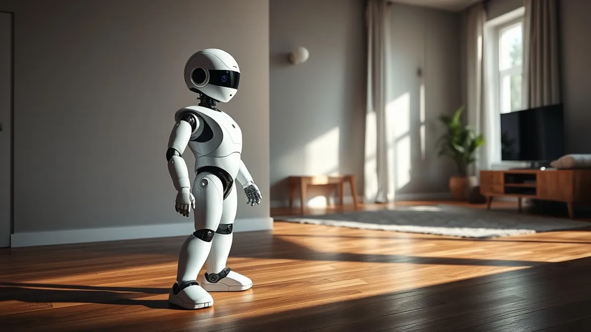 Illustration: A sleek white humanoid robot stands in a sunlit domestic living room, its head tilted slightly as it observes a blank camera mounted on the wall.