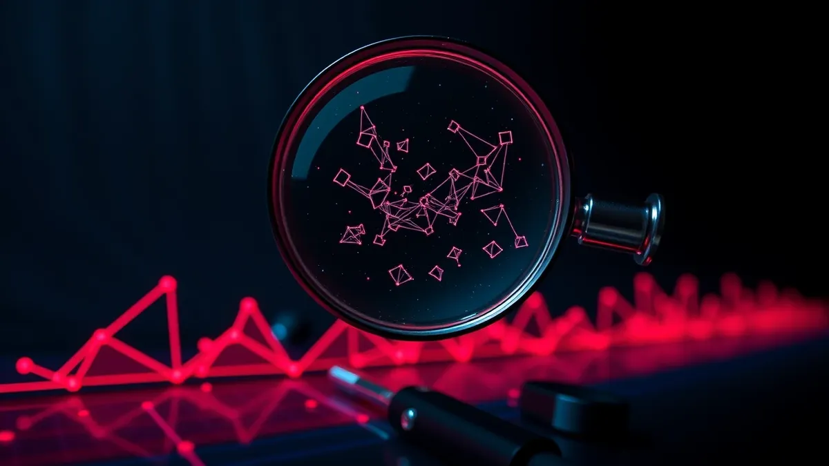 Illustration: A magnifying glass hovers over a digital timeline composed of glowing red and blue geometric shapes.