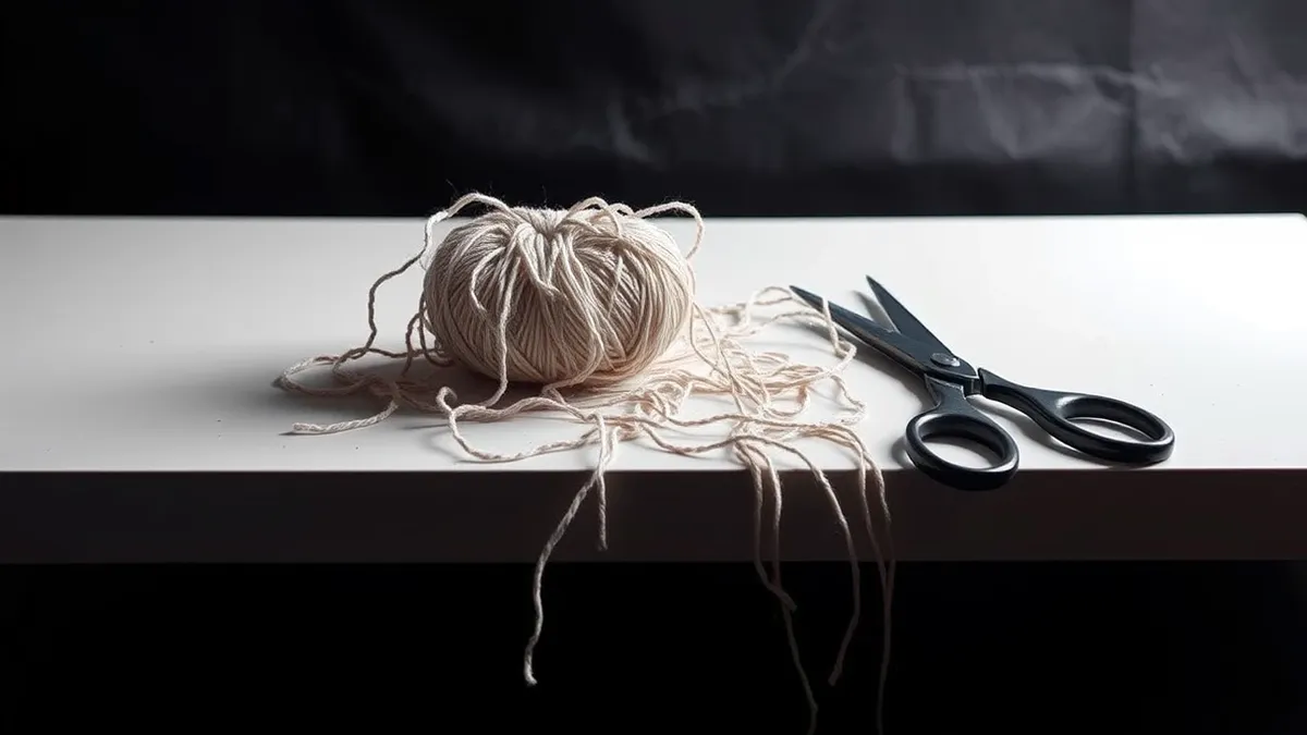 Illustration: A tangled ball of yarn sits on a clean white desk, with loose threads spilling out in chaotic directions.