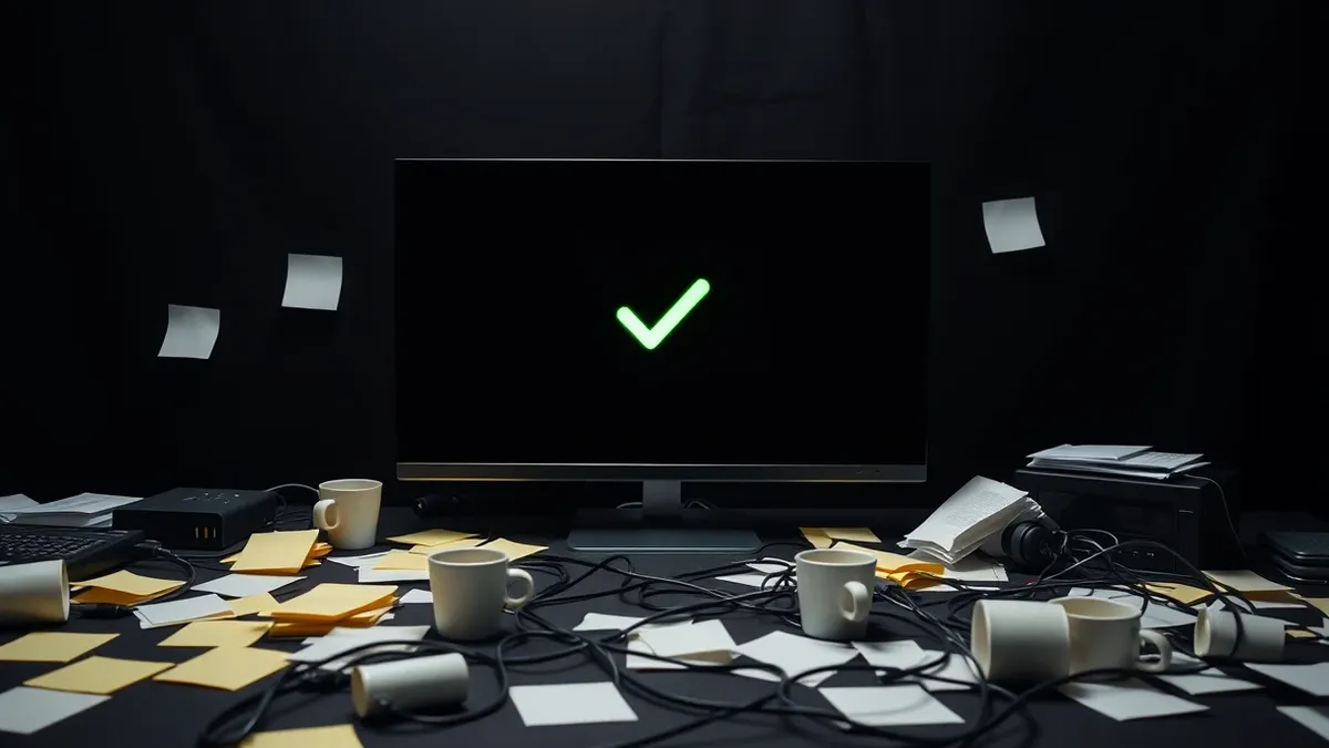 Illustration: A chaotic incident response desk is covered in blank sticky notes and tangled cables.
