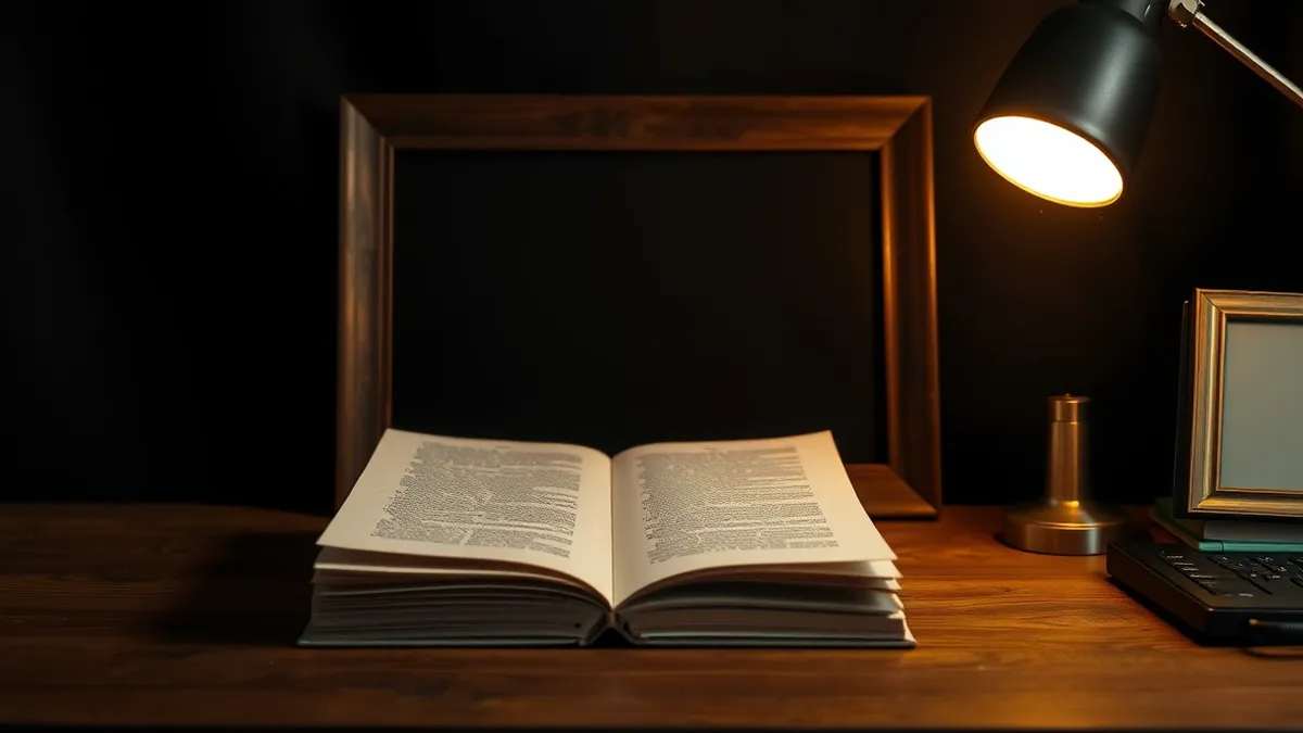 Illustration: A stack of blank manuscript pages sits beside an empty picture frame on a wooden desk.