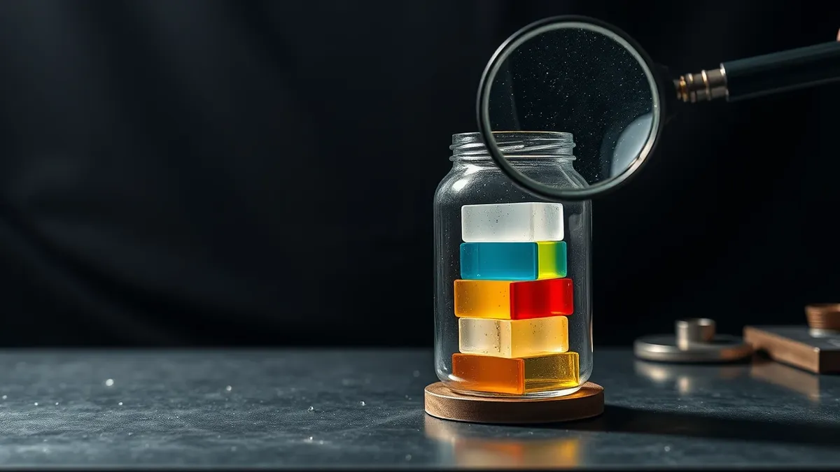 Illustration: A glowing glass jar sits on a metal workbench, filled with layered translucent cubes of varying colors.
