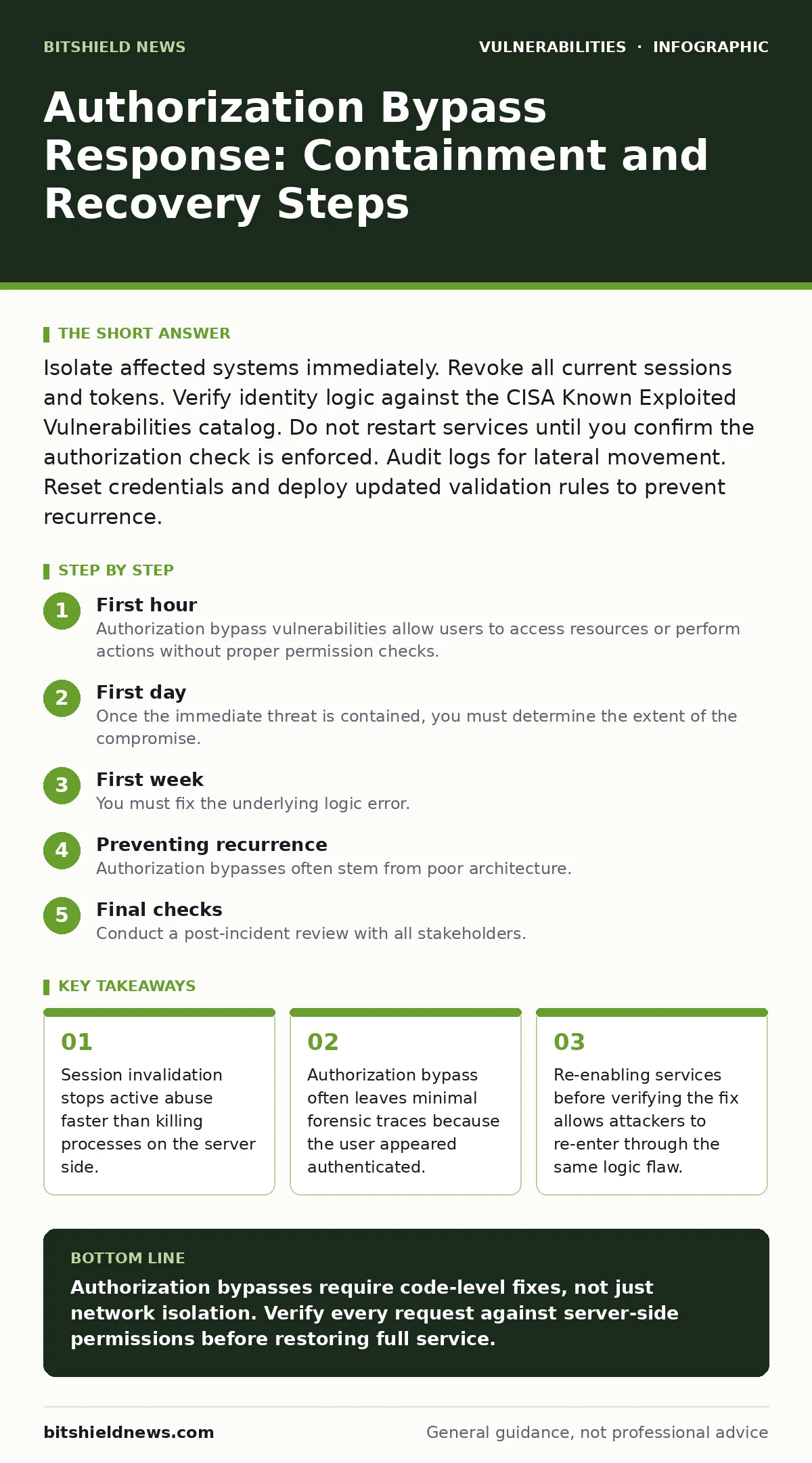 Infographic: Authorization Bypass Response: Containment and Recovery Steps. Session invalidation stops active abuse faster than killing processes on the server side. Authorization bypass often leaves minimal forensic traces because the user appeared authenticated. Re-enabling services before verifyi